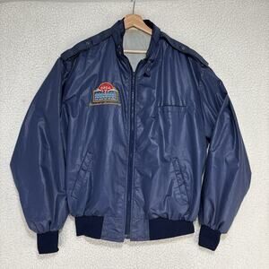 Vtg 70s Blue Satin Bomber Jacket Birdie Richard A. Leslie Goulds Water Mens XL‎